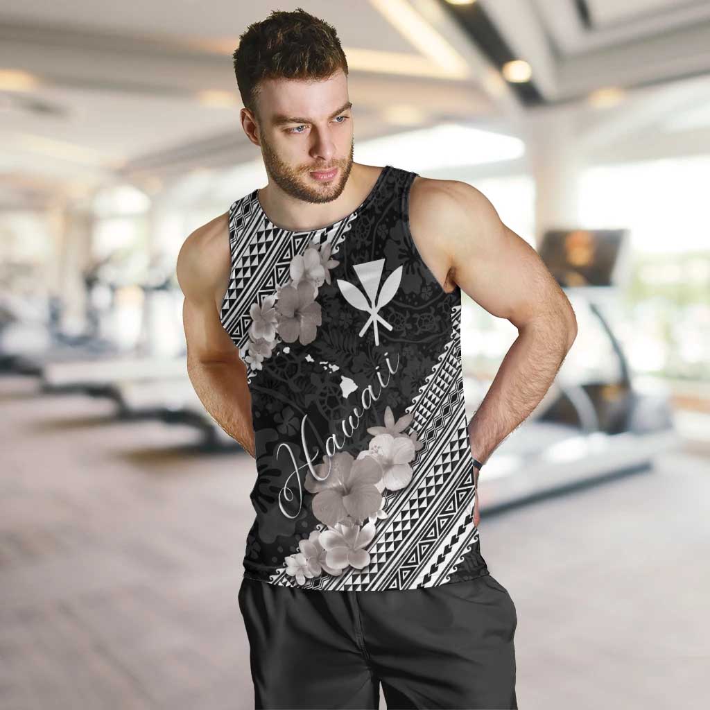 Aloha Hawaii Hibiscus and Plumeria Flowers Men Tank Top Kanaka Maoli Tattoo Polynesian Pattern Gray Color LT03 Black - Polynesian Pride