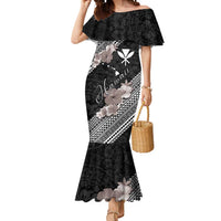 Aloha Hawaii Hibiscus and Plumeria Flowers Mermaid Dress Kanaka Maoli Tattoo Polynesian Pattern Gray Color LT03 Women Black - Polynesian Pride