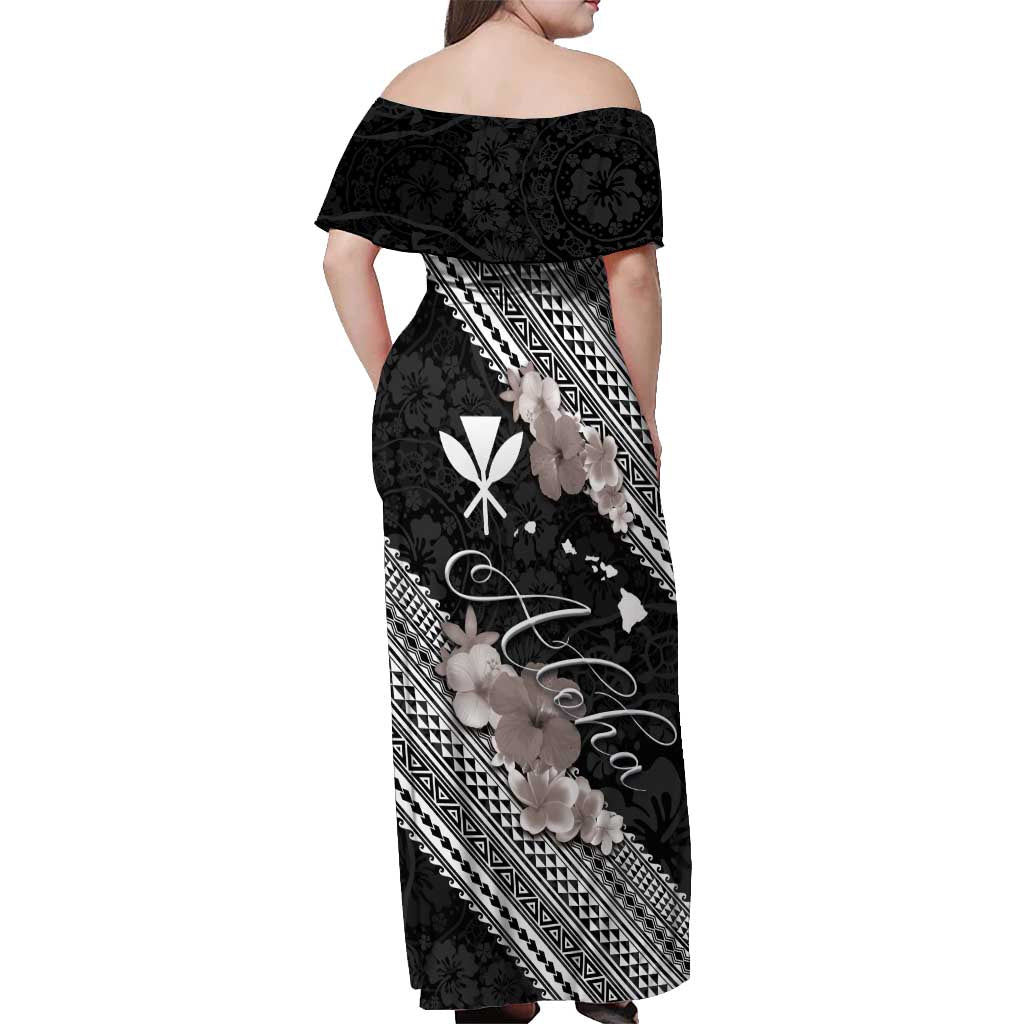 Aloha Hawaii Hibiscus and Plumeria Flowers Off Shoulder Maxi Dress Kanaka Maoli Tattoo Polynesian Pattern Gray Color LT03 - Polynesian Pride