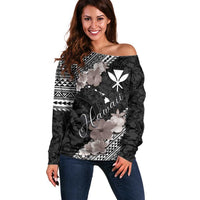 Aloha Hawaii Hibiscus and Plumeria Flowers Off Shoulder Sweater Kanaka Maoli Tattoo Polynesian Pattern Gray Color LT03 Women Black - Polynesian Pride