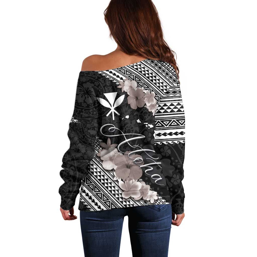 Aloha Hawaii Hibiscus and Plumeria Flowers Off Shoulder Sweater Kanaka Maoli Tattoo Polynesian Pattern Gray Color LT03 - Polynesian Pride