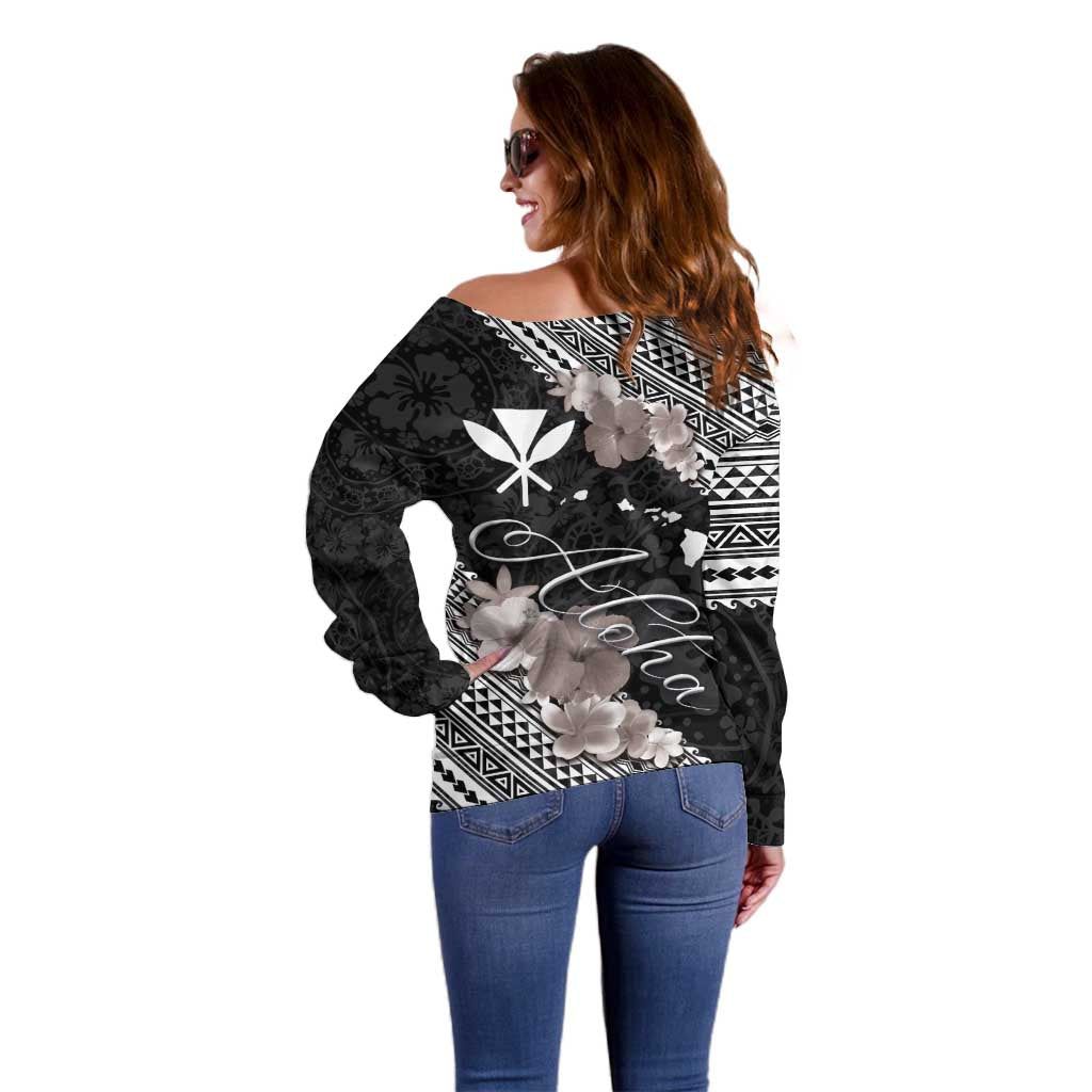 Aloha Hawaii Hibiscus and Plumeria Flowers Off Shoulder Sweater Kanaka Maoli Tattoo Polynesian Pattern Gray Color LT03 - Polynesian Pride