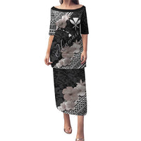 Aloha Hawaii Hibiscus and Plumeria Flowers Puletasi Kanaka Maoli Tattoo Polynesian Pattern Gray Color LT03 Long Dress Black - Polynesian Pride