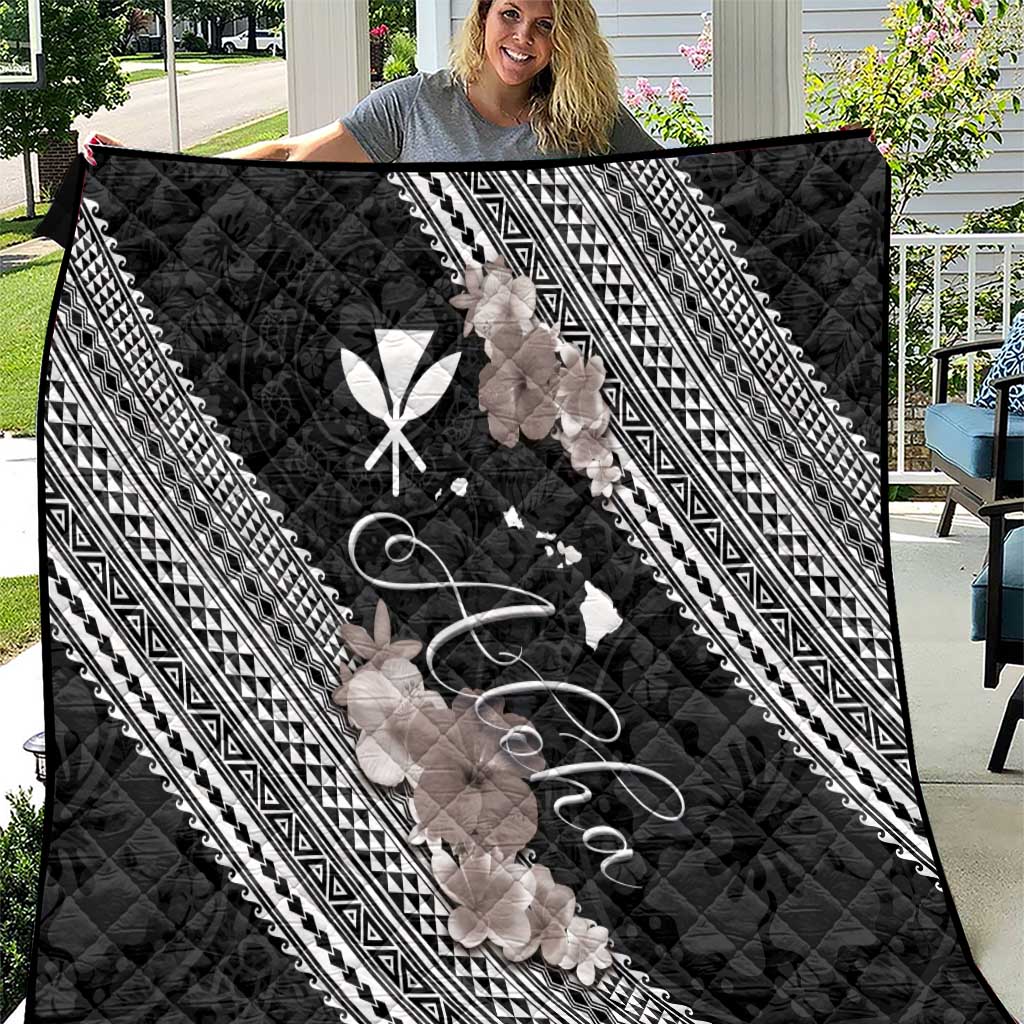 Aloha Hawaii Hibiscus and Plumeria Flowers Quilt Kanaka Maoli Tattoo Polynesian Pattern Gray Color LT03 Black - Polynesian Pride