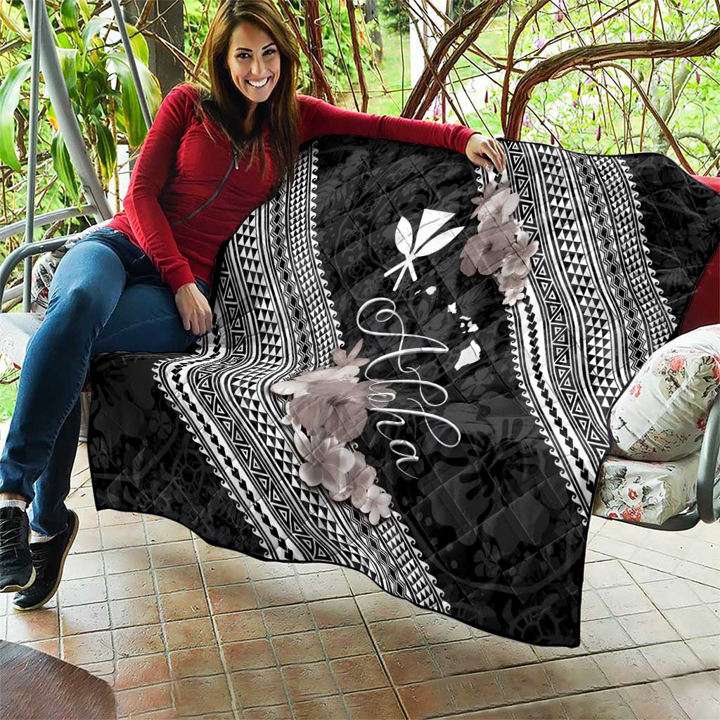 Aloha Hawaii Hibiscus and Plumeria Flowers Quilt Kanaka Maoli Tattoo Polynesian Pattern Gray Color LT03 - Polynesian Pride