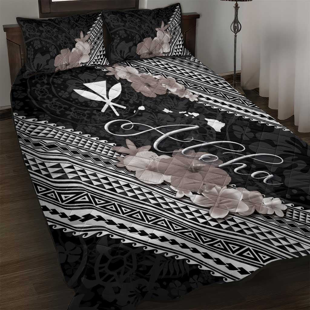 Aloha Hawaii Hibiscus and Plumeria Flowers Quilt Bed Set Kanaka Maoli Tattoo Polynesian Pattern Gray Color LT03 Black - Polynesian Pride