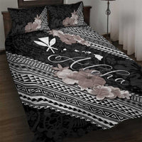 Aloha Hawaii Hibiscus and Plumeria Flowers Quilt Bed Set Kanaka Maoli Tattoo Polynesian Pattern Gray Color LT03 Black - Polynesian Pride