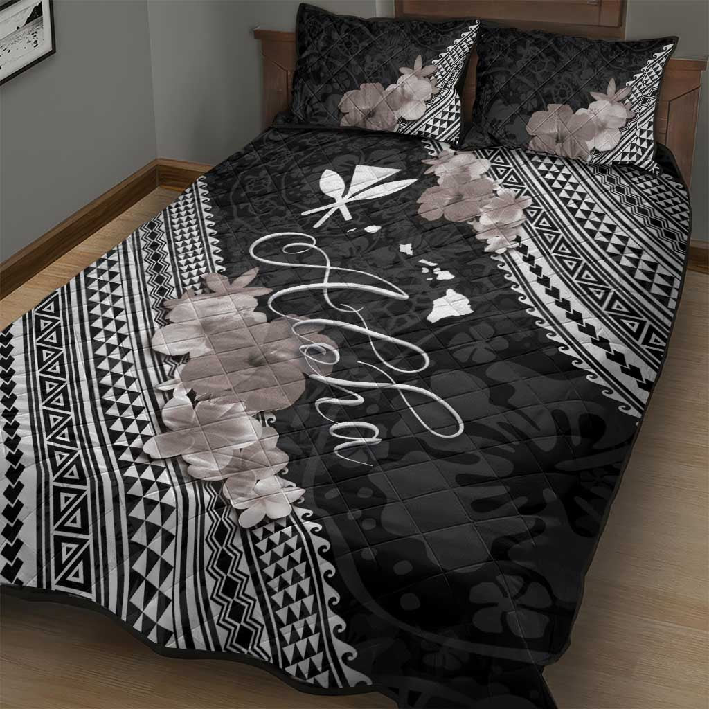 Aloha Hawaii Hibiscus and Plumeria Flowers Quilt Bed Set Kanaka Maoli Tattoo Polynesian Pattern Gray Color LT03 - Polynesian Pride
