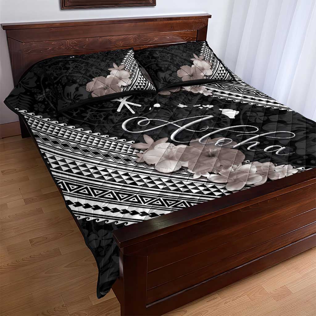 Aloha Hawaii Hibiscus and Plumeria Flowers Quilt Bed Set Kanaka Maoli Tattoo Polynesian Pattern Gray Color LT03 - Polynesian Pride