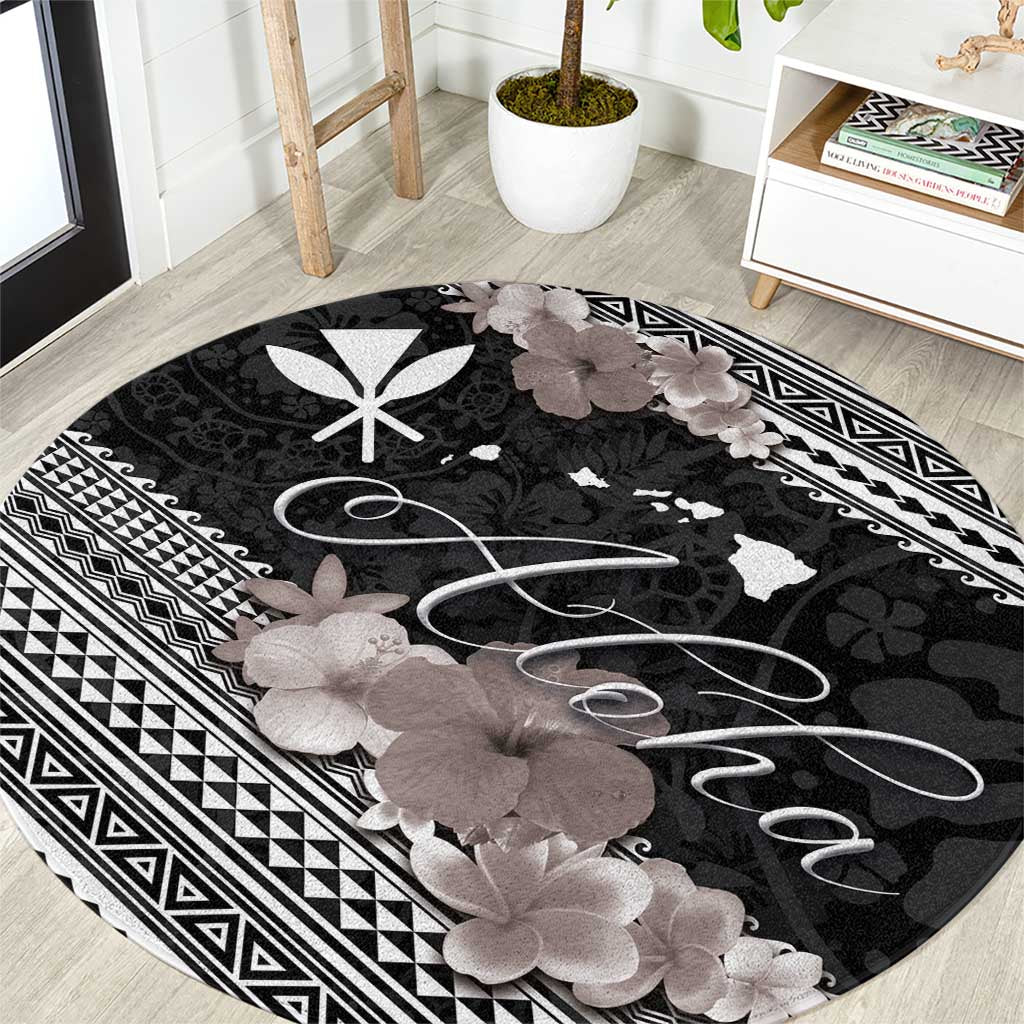 Aloha Hawaii Hibiscus and Plumeria Flowers Round Carpet Kanaka Maoli Tattoo Polynesian Pattern Gray Color LT03 Black - Polynesian Pride