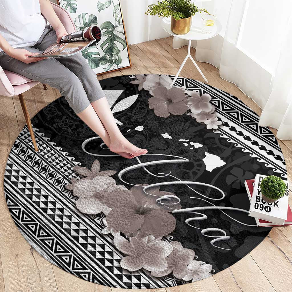 Aloha Hawaii Hibiscus and Plumeria Flowers Round Carpet Kanaka Maoli Tattoo Polynesian Pattern Gray Color LT03 - Polynesian Pride