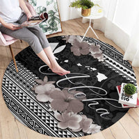 Aloha Hawaii Hibiscus and Plumeria Flowers Round Carpet Kanaka Maoli Tattoo Polynesian Pattern Gray Color LT03 - Polynesian Pride