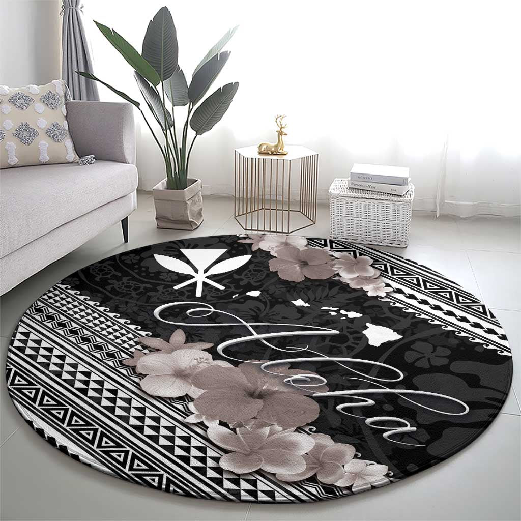Aloha Hawaii Hibiscus and Plumeria Flowers Round Carpet Kanaka Maoli Tattoo Polynesian Pattern Gray Color LT03 - Polynesian Pride