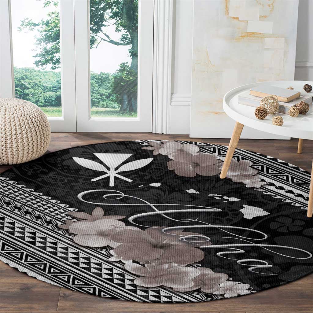 Aloha Hawaii Hibiscus and Plumeria Flowers Round Carpet Kanaka Maoli Tattoo Polynesian Pattern Gray Color LT03 - Polynesian Pride