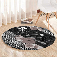 Aloha Hawaii Hibiscus and Plumeria Flowers Round Carpet Kanaka Maoli Tattoo Polynesian Pattern Gray Color LT03 - Polynesian Pride