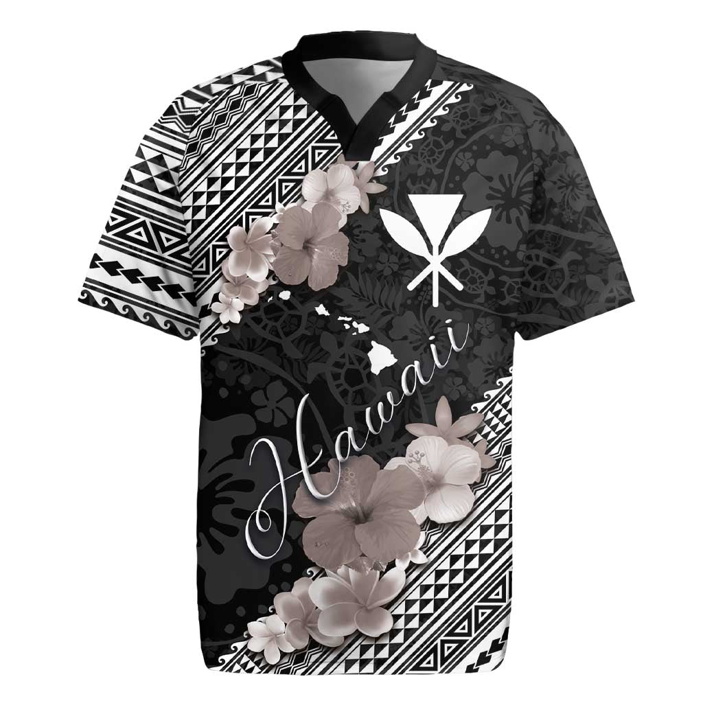 Aloha Hawaii Hibiscus and Plumeria Flowers Rugby Jersey Kanaka Maoli Tattoo Polynesian Pattern Gray Color LT03 Black - Polynesian Pride