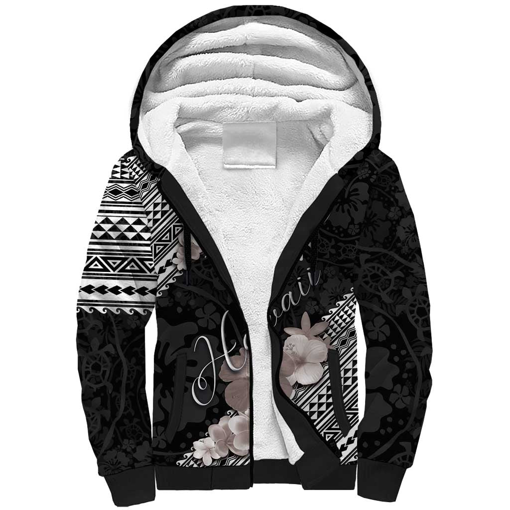 Aloha Hawaii Hibiscus and Plumeria Flowers Sherpa Hoodie Kanaka Maoli Tattoo Polynesian Pattern Gray Color
