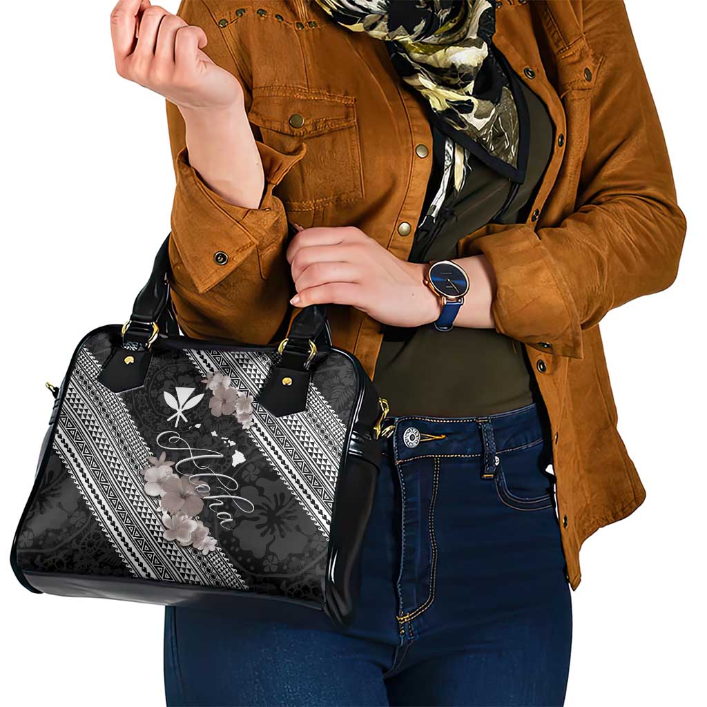 Aloha Hawaii Hibiscus and Plumeria Flowers Shoulder Handbag Kanaka Maoli Tattoo Polynesian Pattern Gray Color LT03 - Polynesian Pride