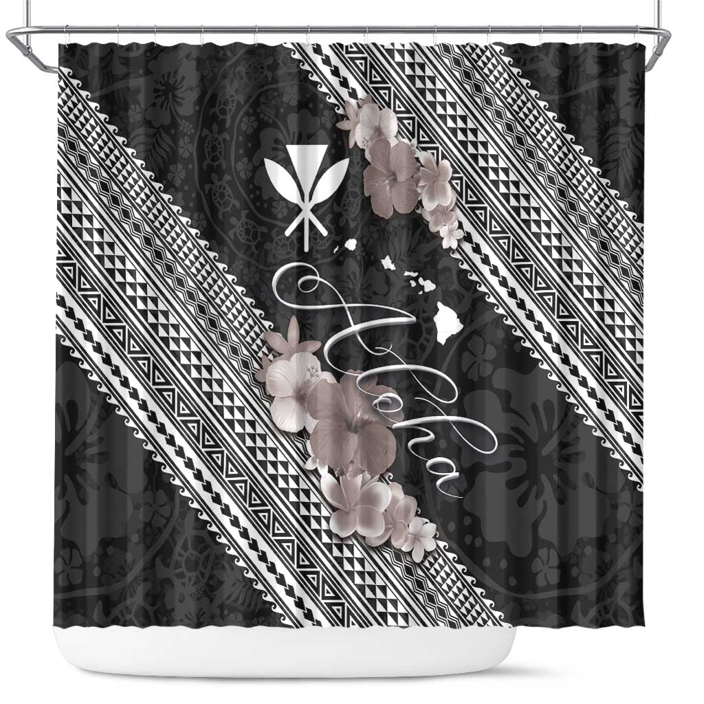 Aloha Hawaii Hibiscus and Plumeria Flowers Shower Curtain Kanaka Maoli Tattoo Polynesian Pattern Gray Color LT03 Black - Polynesian Pride