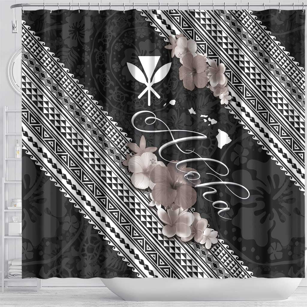 Aloha Hawaii Hibiscus and Plumeria Flowers Shower Curtain Kanaka Maoli Tattoo Polynesian Pattern Gray Color LT03 - Polynesian Pride