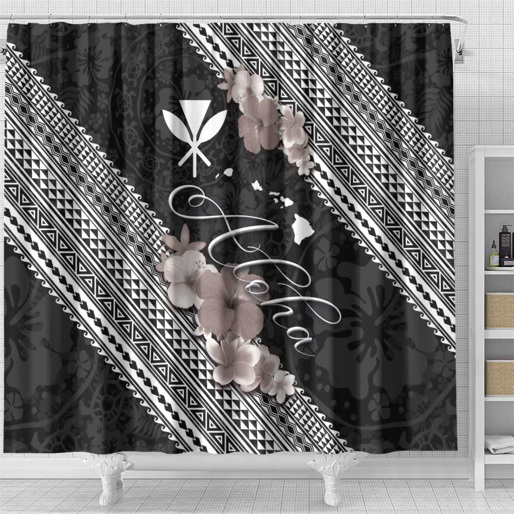 Aloha Hawaii Hibiscus and Plumeria Flowers Shower Curtain Kanaka Maoli Tattoo Polynesian Pattern Gray Color LT03 - Polynesian Pride