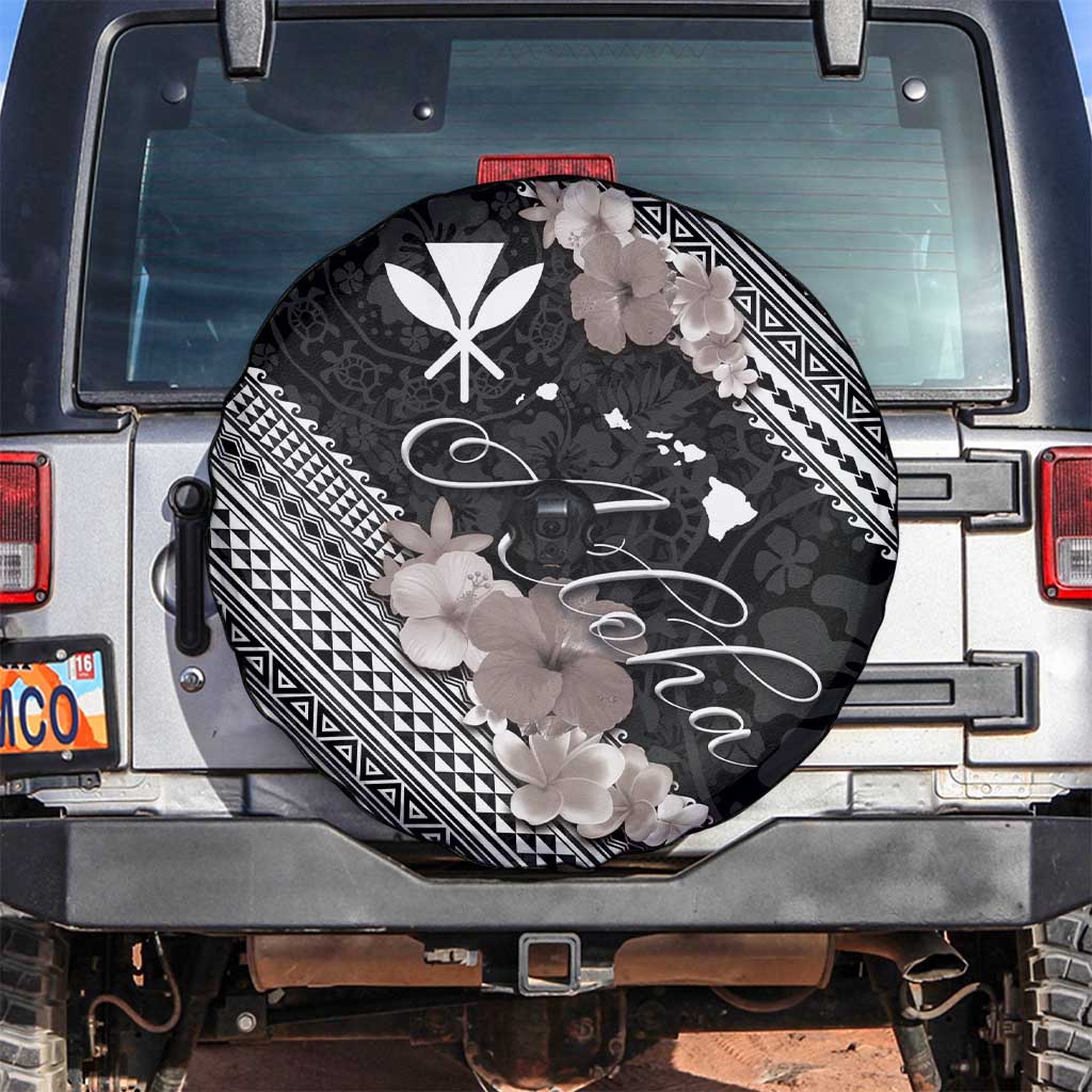 Aloha Hawaii Hibiscus and Plumeria Flowers Spare Tire Cover Kanaka Maoli Tattoo Polynesian Pattern Gray Color LT03 Black - Polynesian Pride