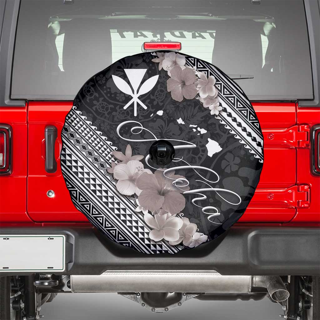 Aloha Hawaii Hibiscus and Plumeria Flowers Spare Tire Cover Kanaka Maoli Tattoo Polynesian Pattern Gray Color LT03 - Polynesian Pride