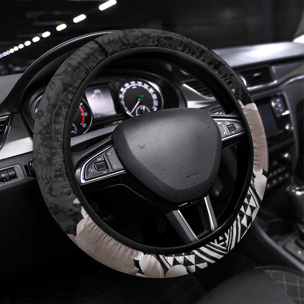 Aloha Hawaii Hibiscus and Plumeria Flowers Steering Wheel Cover Kanaka Maoli Tattoo Polynesian Pattern Gray Color LT03 Universal Fit Black - Polynesian Pride