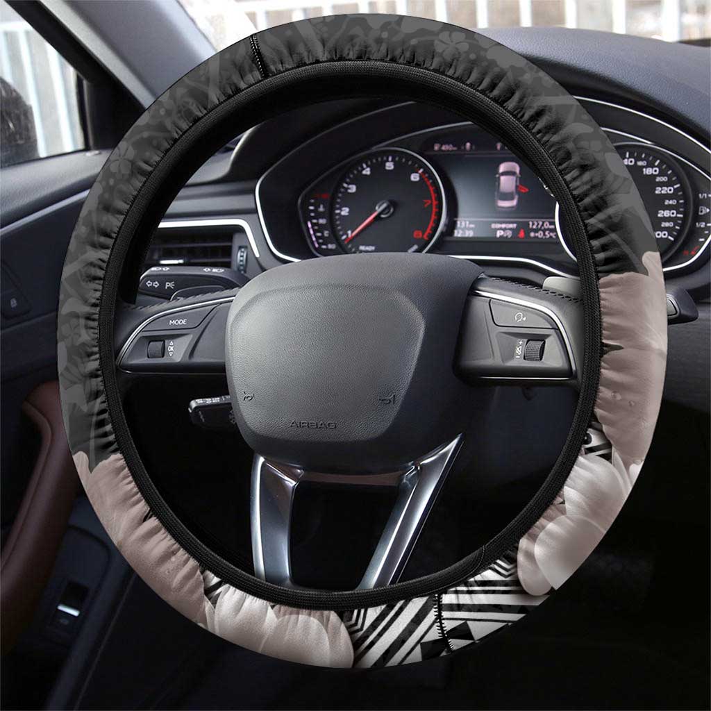 Aloha Hawaii Hibiscus and Plumeria Flowers Steering Wheel Cover Kanaka Maoli Tattoo Polynesian Pattern Gray Color LT03 - Polynesian Pride