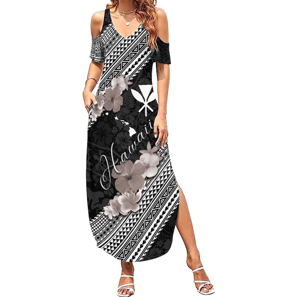 Aloha Hawaii Hibiscus and Plumeria Flowers Summer Maxi Dress Kanaka Maoli Tattoo Polynesian Pattern Gray Color LT03 Women Black - Polynesian Pride