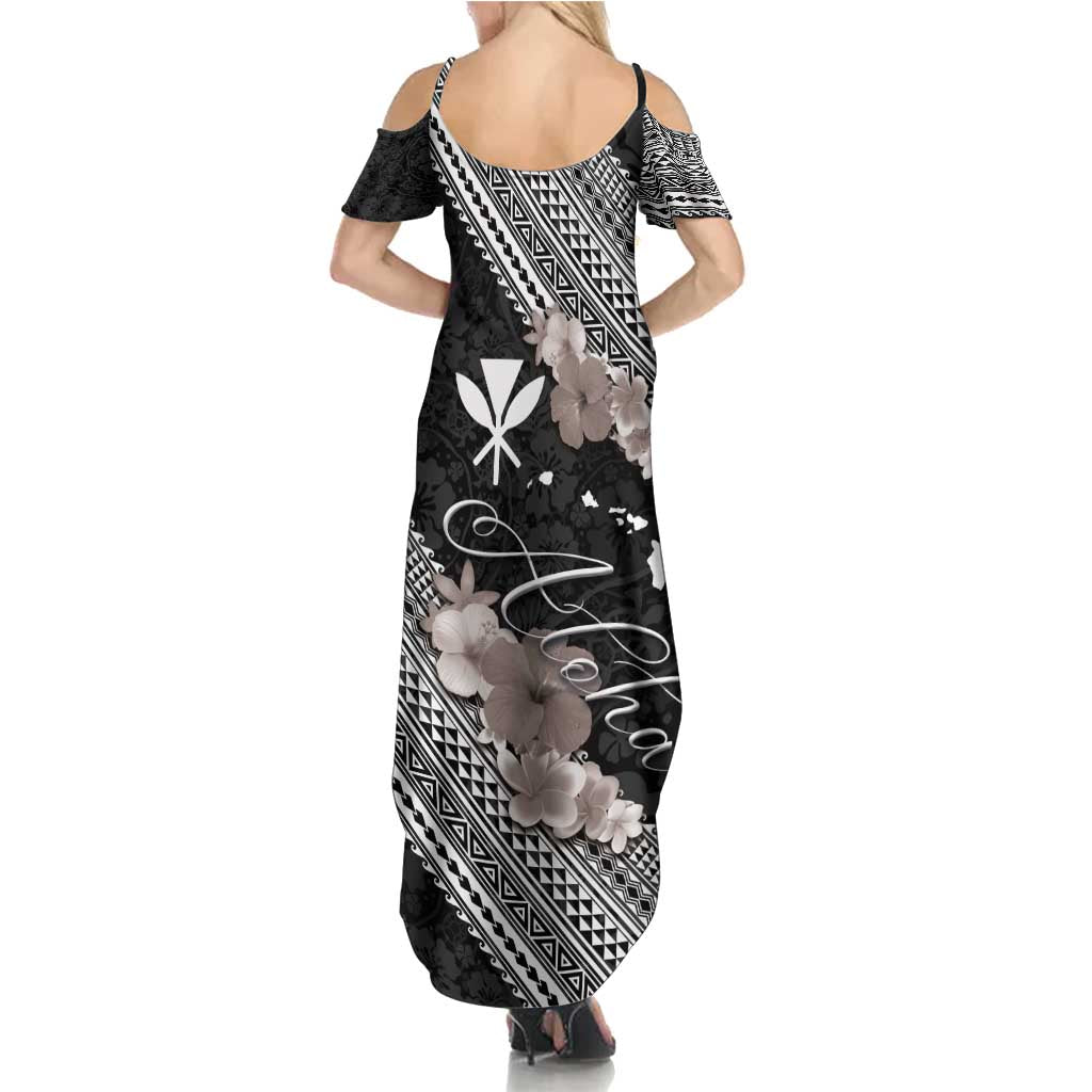 Aloha Hawaii Hibiscus and Plumeria Flowers Summer Maxi Dress Kanaka Maoli Tattoo Polynesian Pattern Gray Color LT03 - Polynesian Pride