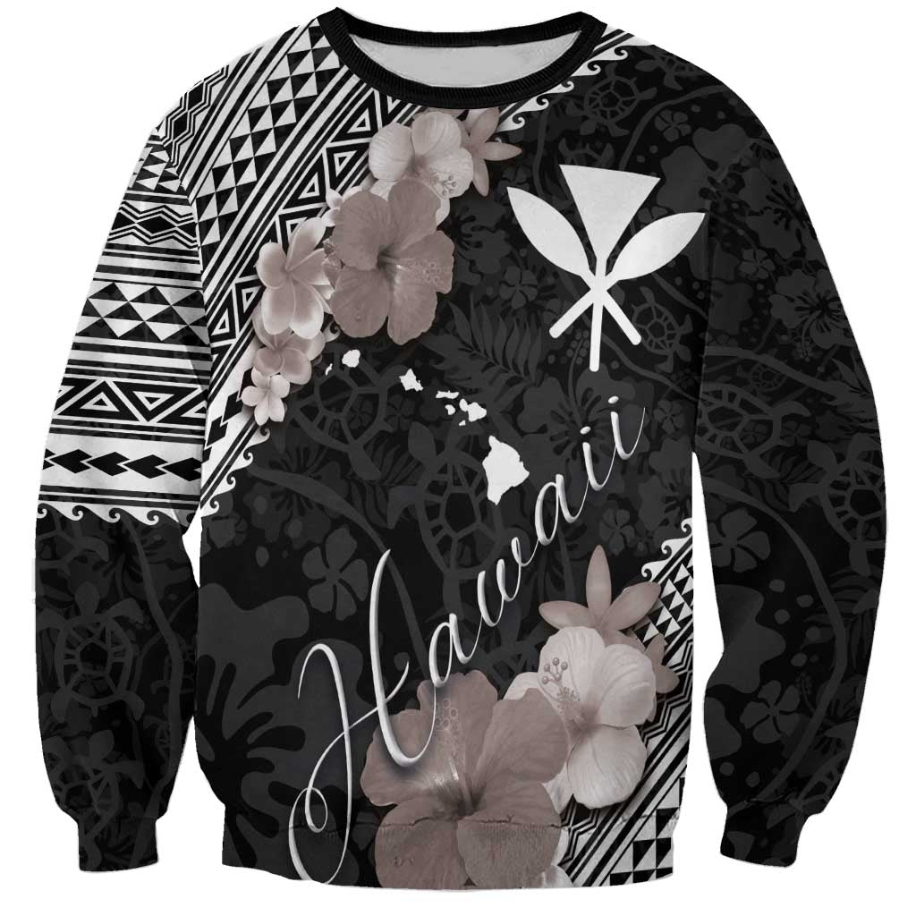 Aloha Hawaii Hibiscus and Plumeria Flowers Sweatshirt Kanaka Maoli Tattoo Polynesian Pattern Gray Color LT03 Unisex Black - Polynesian Pride