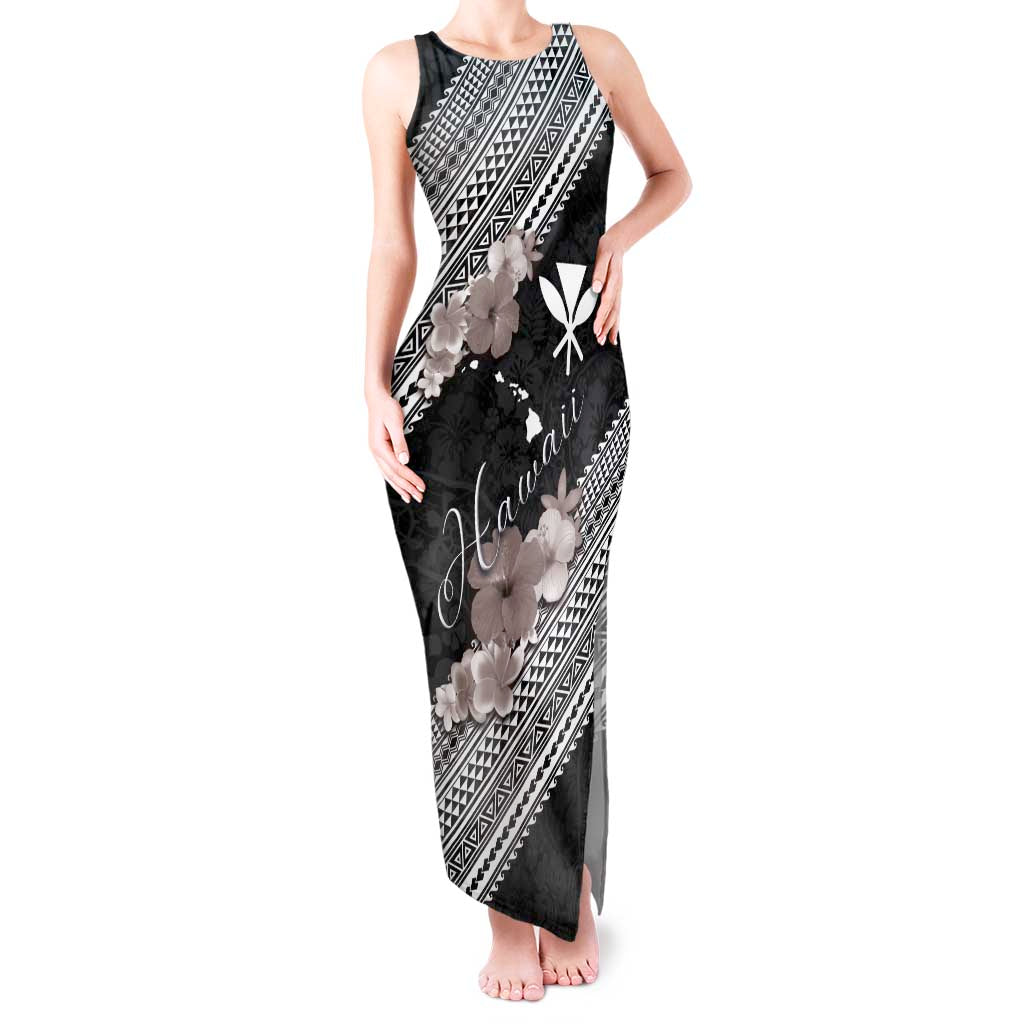 Aloha Hawaii Hibiscus and Plumeria Flowers Tank Maxi Dress Kanaka Maoli Tattoo Polynesian Pattern Gray Color LT03 Women Black - Polynesian Pride