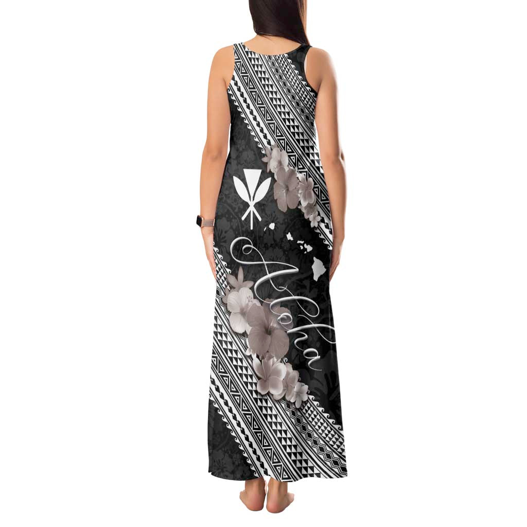 Aloha Hawaii Hibiscus and Plumeria Flowers Tank Maxi Dress Kanaka Maoli Tattoo Polynesian Pattern Gray Color LT03 - Polynesian Pride