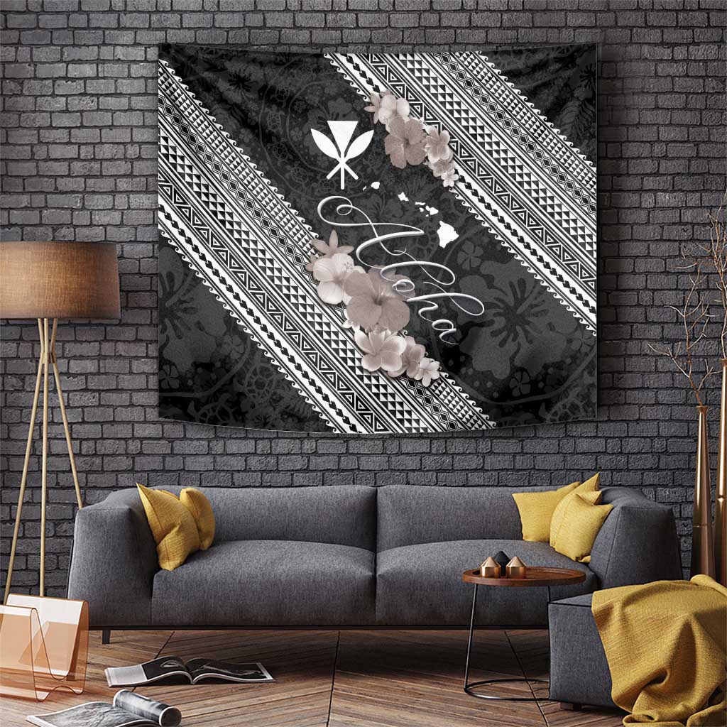 Aloha Hawaii Hibiscus and Plumeria Flowers Tapestry Kanaka Maoli Tattoo Polynesian Pattern Gray Color LT03 - Polynesian Pride