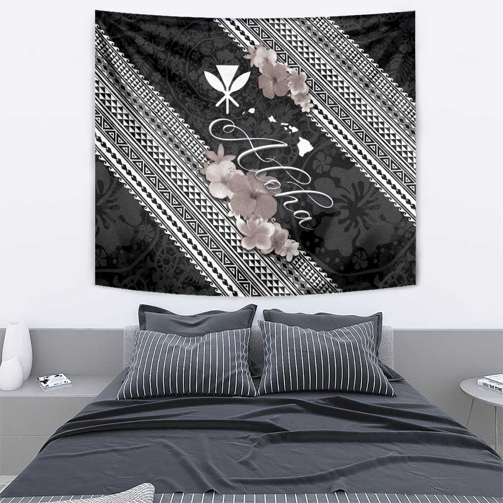 Aloha Hawaii Hibiscus and Plumeria Flowers Tapestry Kanaka Maoli Tattoo Polynesian Pattern Gray Color LT03 - Polynesian Pride