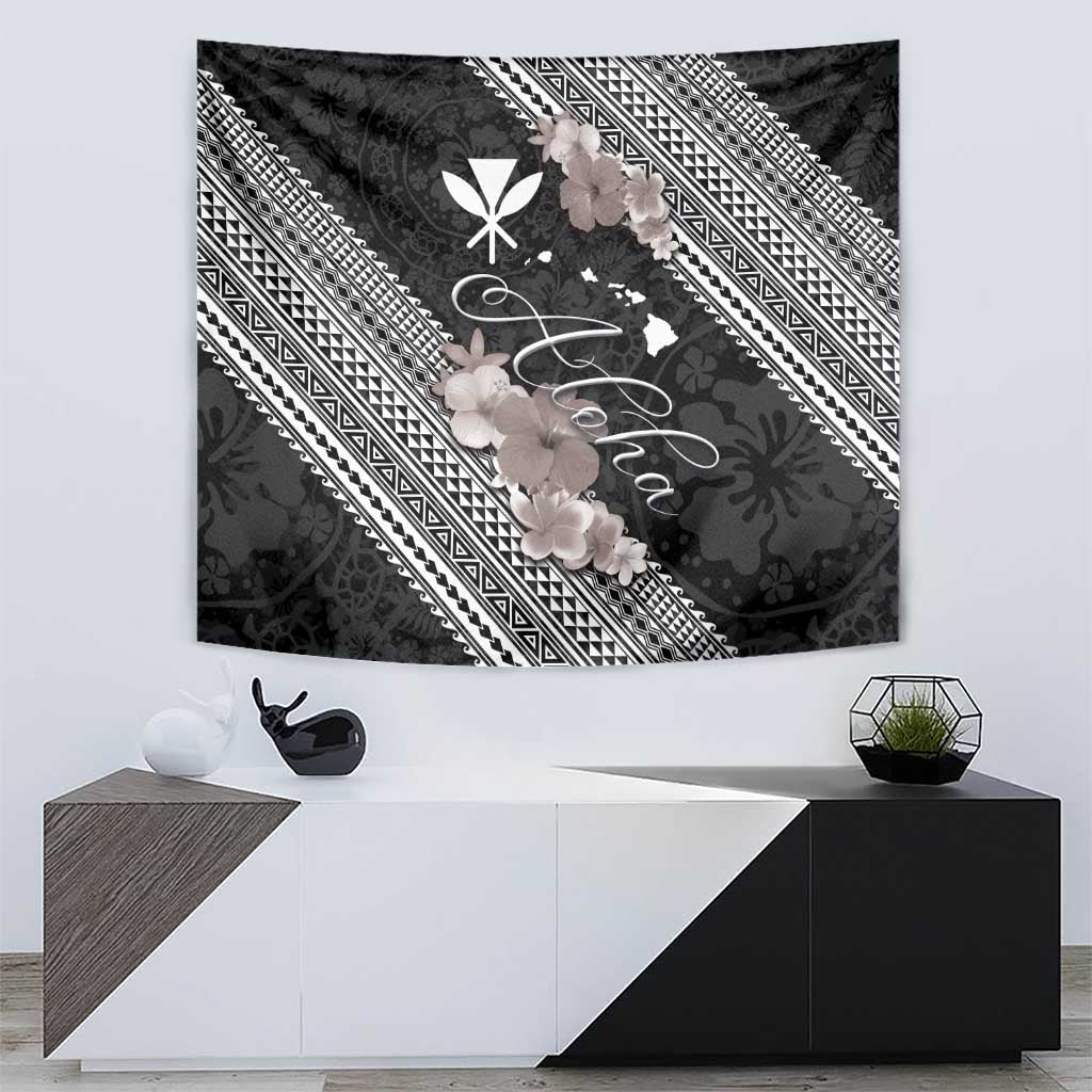 Aloha Hawaii Hibiscus and Plumeria Flowers Tapestry Kanaka Maoli Tattoo Polynesian Pattern Gray Color LT03 - Polynesian Pride