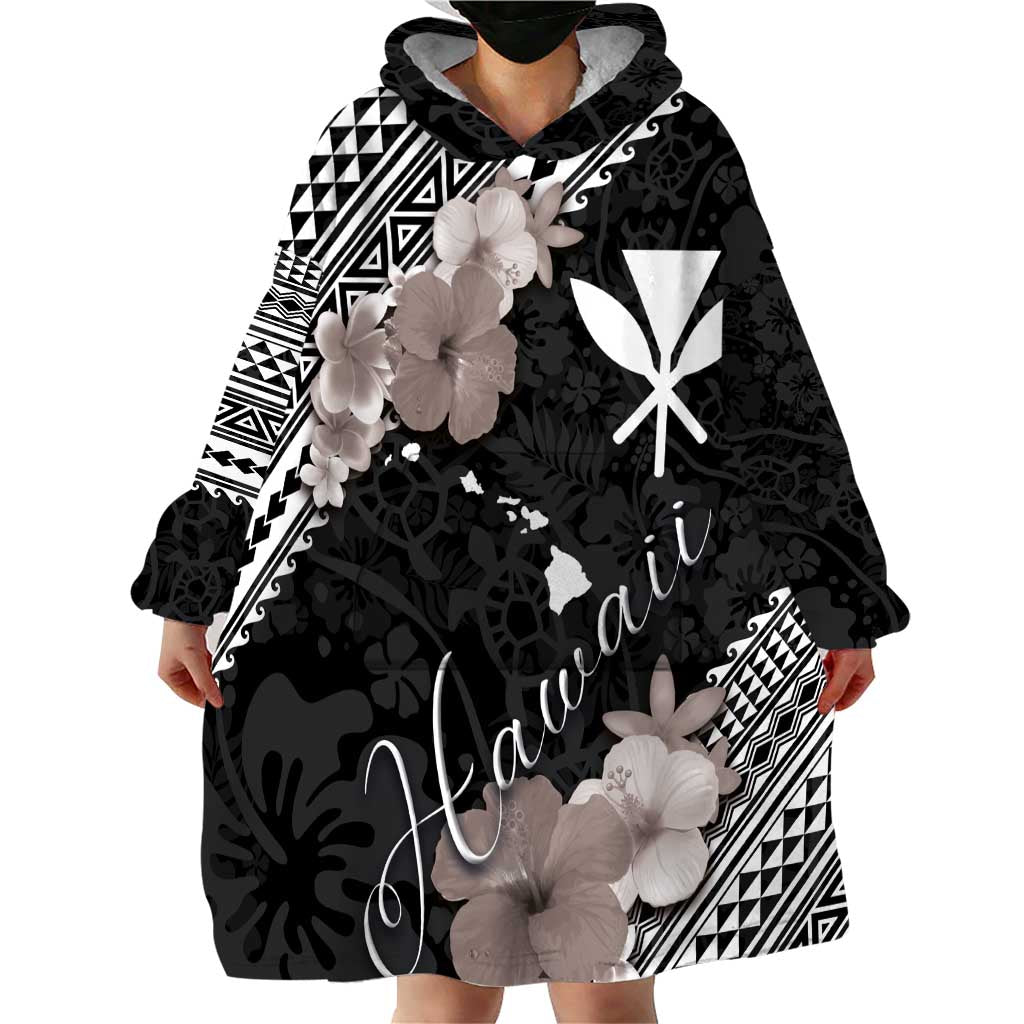 Aloha Hawaii Hibiscus and Plumeria Flowers Wearable Blanket Hoodie Kanaka Maoli Tattoo Polynesian Pattern Gray Color LT03 - Polynesian Pride