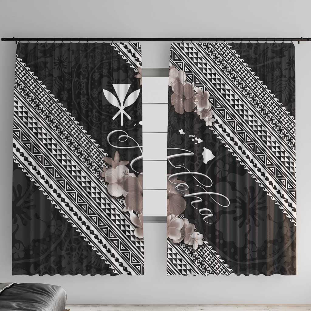 Aloha Hawaii Hibiscus and Plumeria Flowers Window Curtain Kanaka Maoli Tattoo Polynesian Pattern Gray Color LT03 With Hooks Black - Polynesian Pride