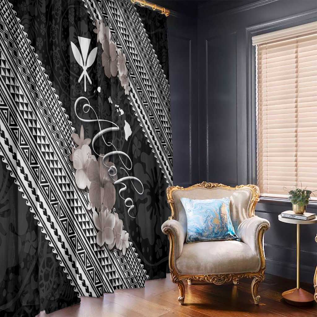 Aloha Hawaii Hibiscus and Plumeria Flowers Window Curtain Kanaka Maoli Tattoo Polynesian Pattern Gray Color LT03 - Polynesian Pride