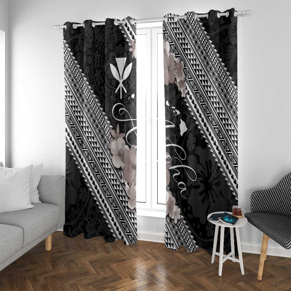 Aloha Hawaii Hibiscus and Plumeria Flowers Window Curtain Kanaka Maoli Tattoo Polynesian Pattern Gray Color LT03 With Grommets Black - Polynesian Pride