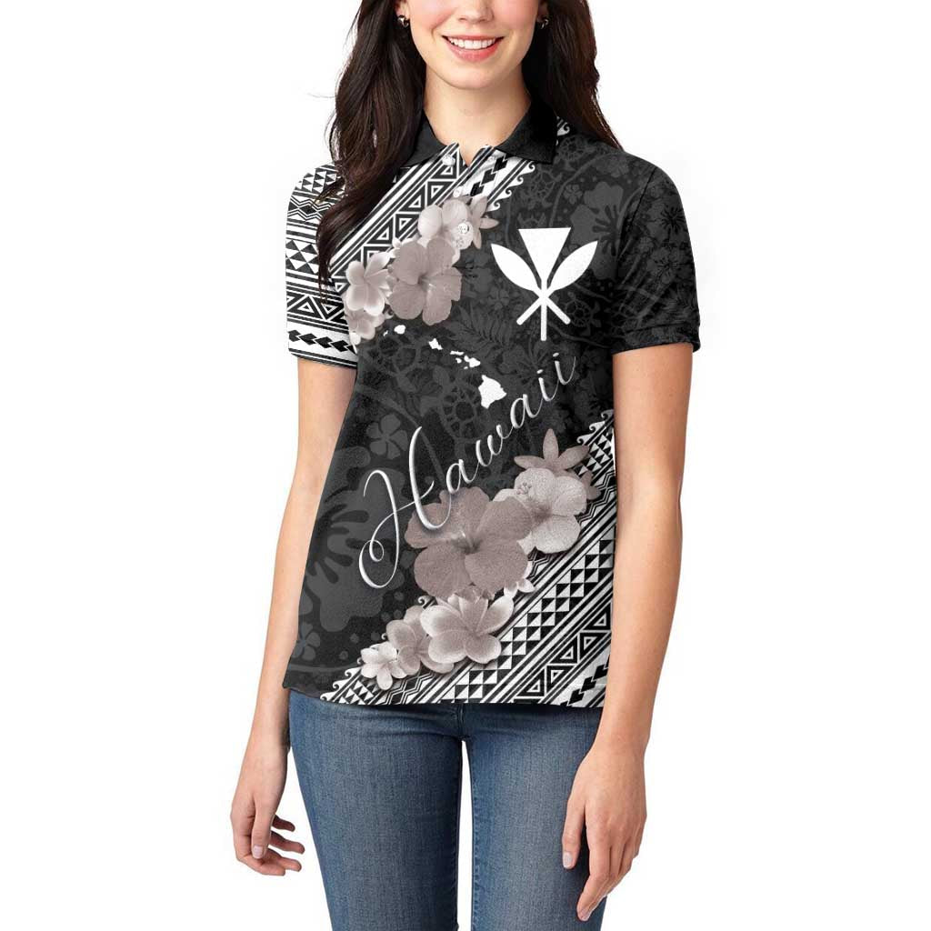 Aloha Hawaii Hibiscus and Plumeria Flowers Women Polo Shirt Kanaka Maoli Tattoo Polynesian Pattern Gray Color