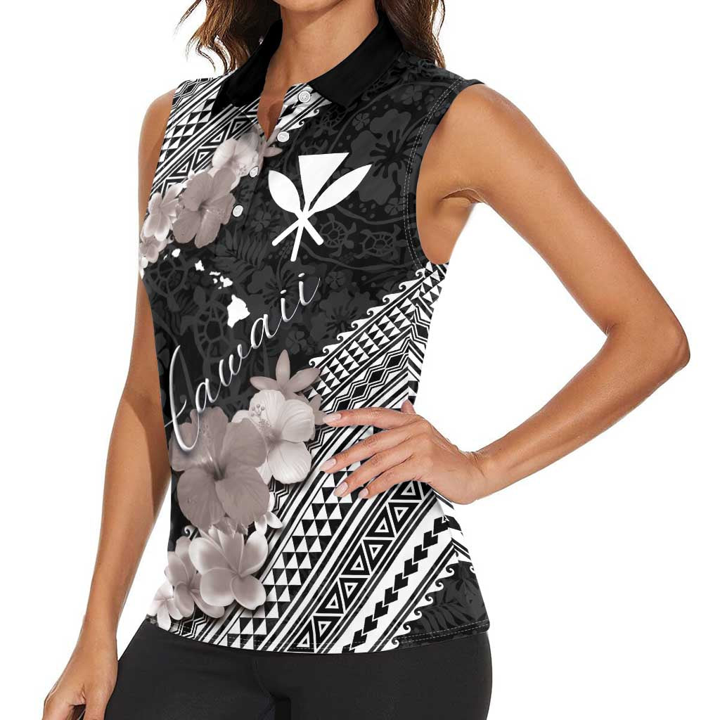 Aloha Hawaii Hibiscus and Plumeria Flowers Women Sleeveless Polo Shirt Kanaka Maoli Tattoo Polynesian Pattern Gray Color LT03 - Polynesian Pride
