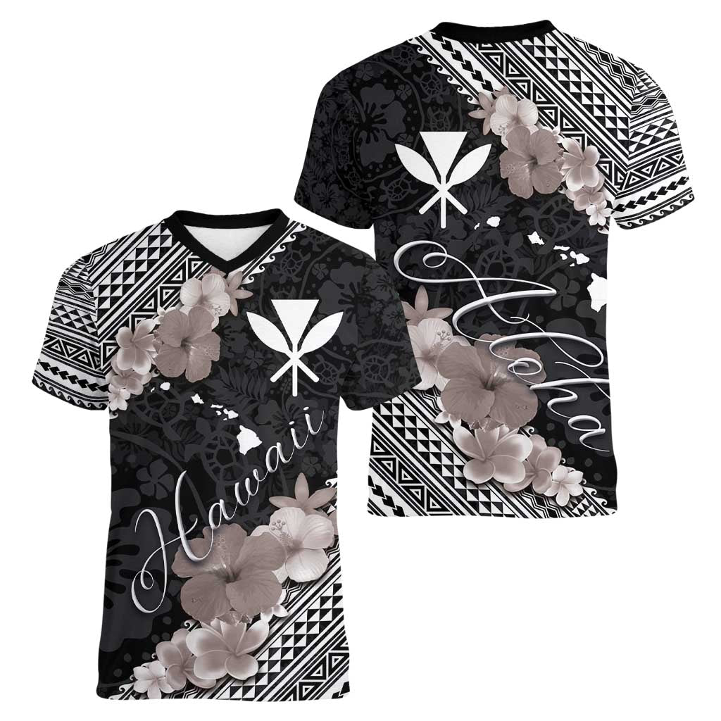 Aloha Hawaii Hibiscus and Plumeria Flowers Women V-Neck T-Shirt Kanaka Maoli Tattoo Polynesian Pattern Gray Color LT03 - Polynesian Pride