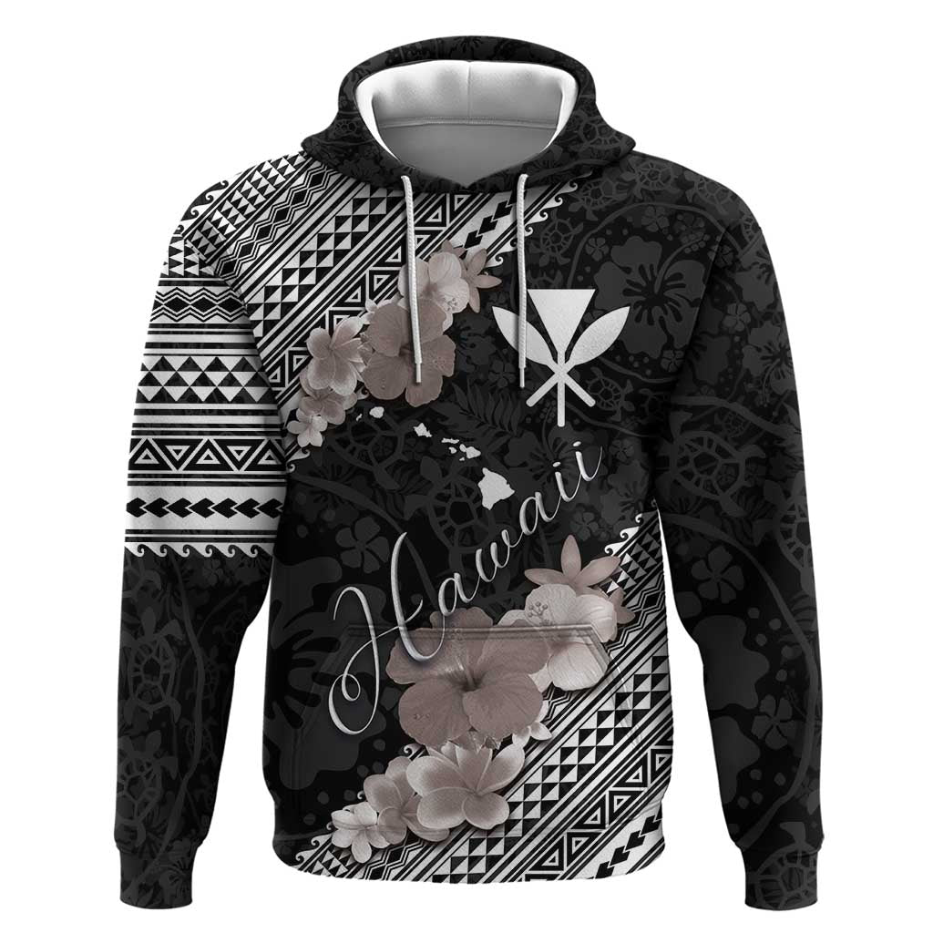 Aloha Hawaii Hibiscus and Plumeria Flowers Zip Hoodie Kanaka Maoli Tattoo Polynesian Pattern Gray Color LT03 Pullover Hoodie Black - Polynesian Pride