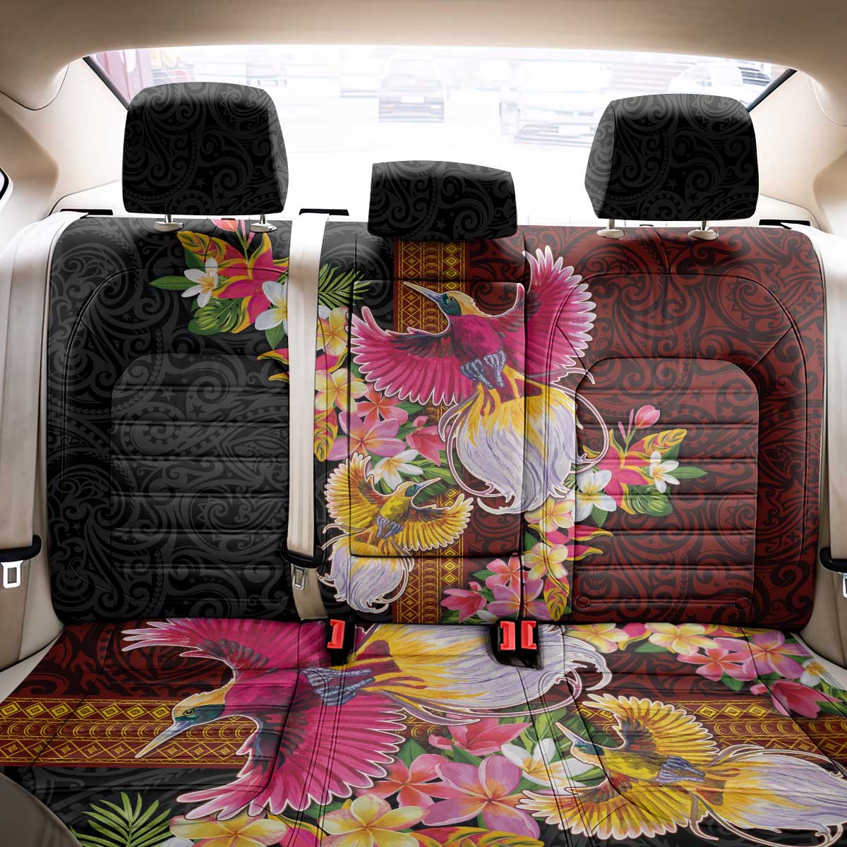 Papua New Guinea Birds and Frangipani Back Car Seat Cover Melanesian Art Tattoos LT03 - Polynesian Pride