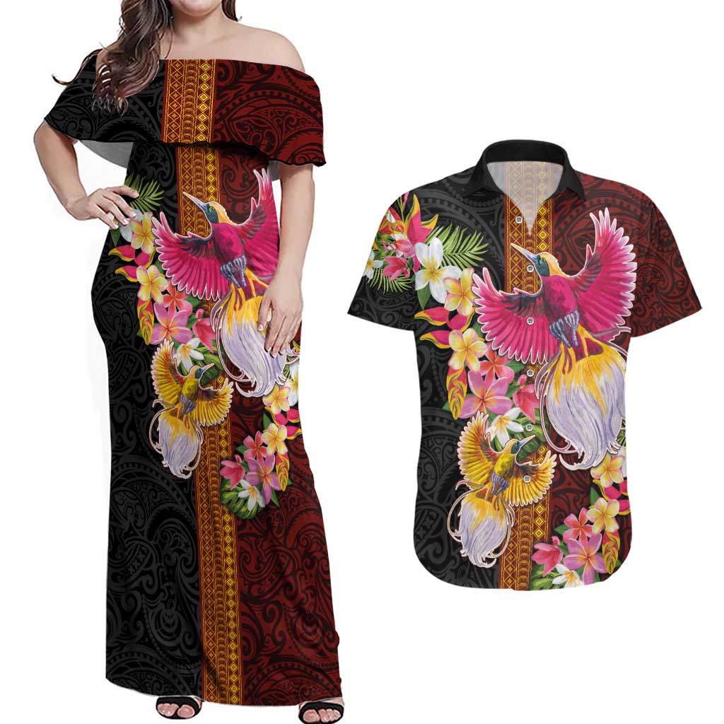 Papua New Guinea Birds and Frangipani Couples Matching Off Shoulder Maxi Dress and Hawaiian Shirt Melanesian Art Tattoos LT03 Black - Polynesian Pride
