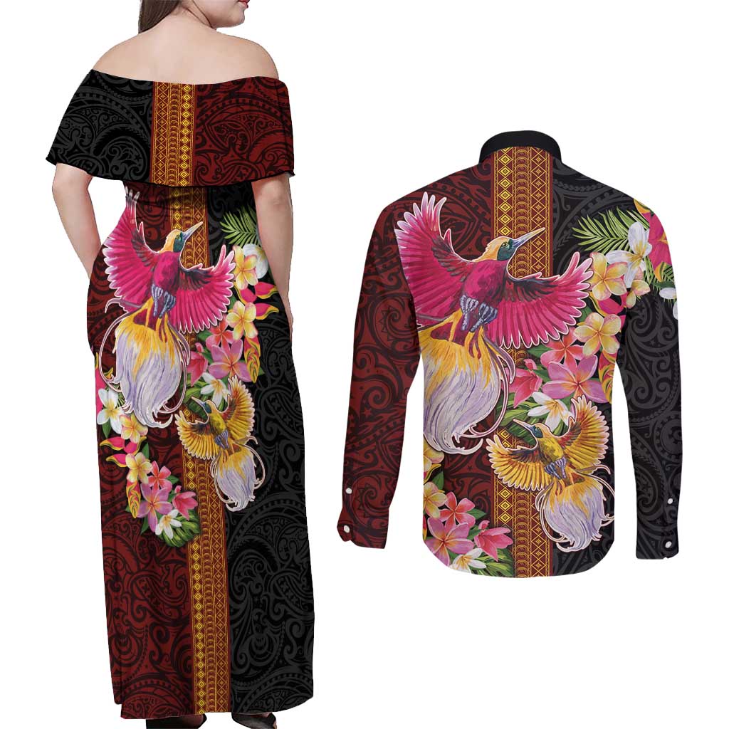Papua New Guinea Birds and Frangipani Couples Matching Off Shoulder Maxi Dress and Long Sleeve Button Shirt Melanesian Art Tattoos LT03 - Polynesian Pride