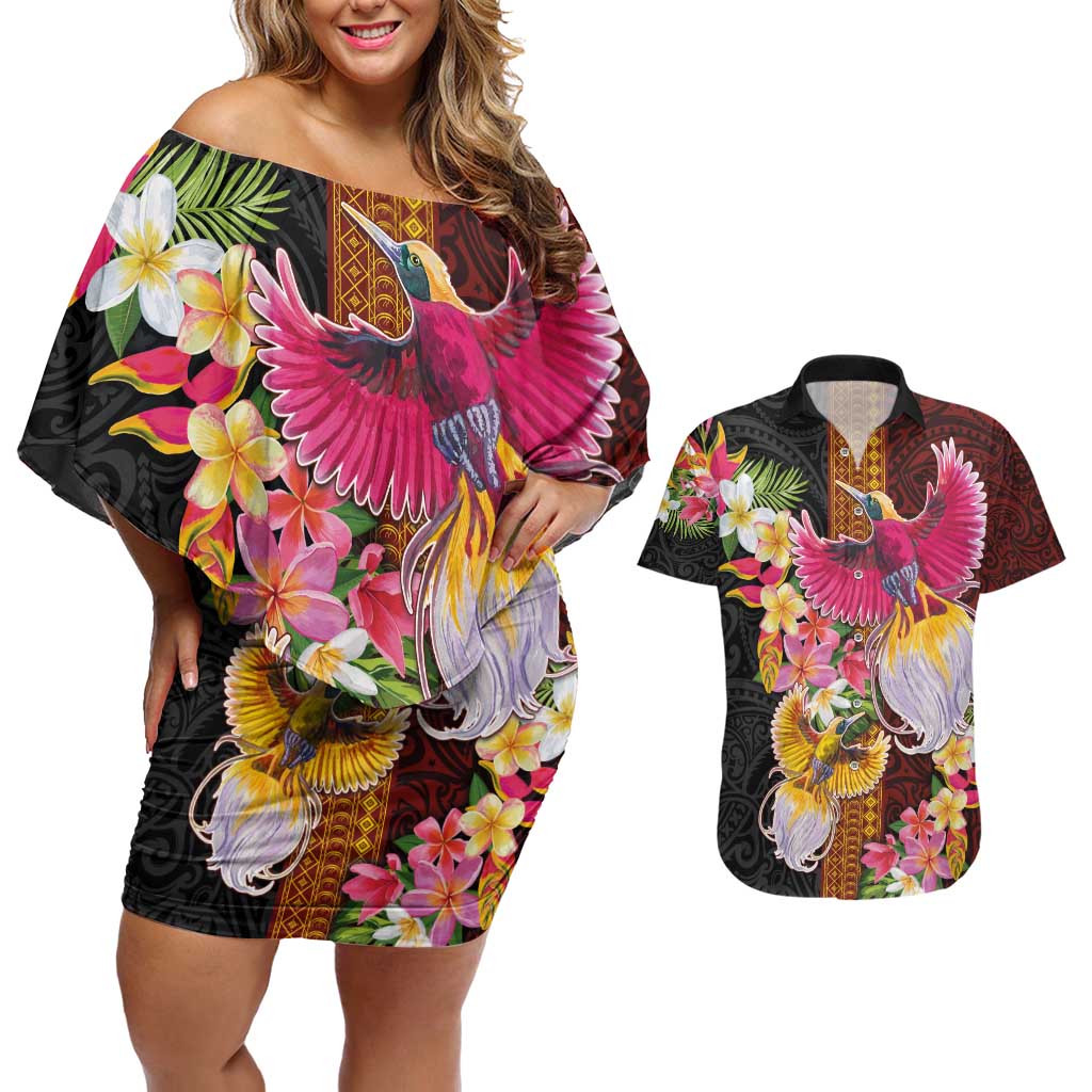 Papua New Guinea Birds and Frangipani Couples Matching Off Shoulder Short Dress and Hawaiian Shirt Melanesian Art Tattoos LT03 Black - Polynesian Pride