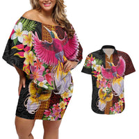 Papua New Guinea Birds and Frangipani Couples Matching Off Shoulder Short Dress and Hawaiian Shirt Melanesian Art Tattoos LT03 Black - Polynesian Pride
